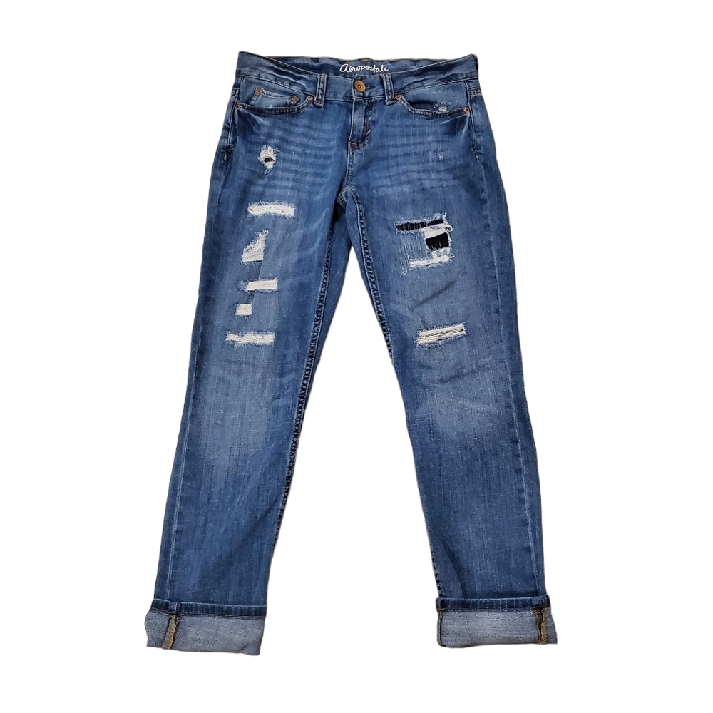 Aeropostale Kylie Boyfriend Women's Distressed Blue Denim Jeans Size 0/REG